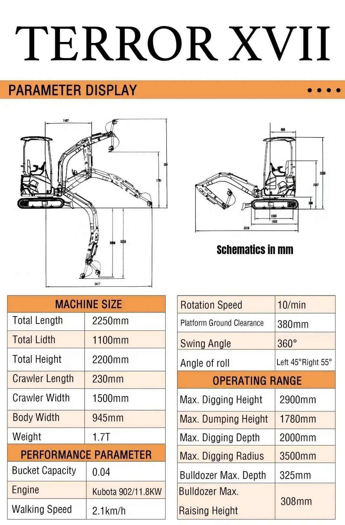 2025 3800 lb TYPHON TERROR XVII Mini Excavator Rubber Track with Kubota D902 Die