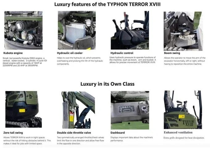 Green TYPHON TERROR XVIII Prestige 2 Ton Mini Excavator KUBOTA Diesel Engine USA