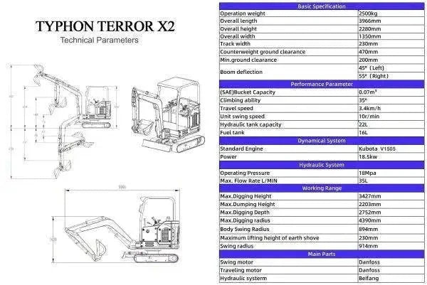 TYPHON TERROR X2 STORM Mini Excavator 2.5 Ton Diesel Kubota V1505 25HP...