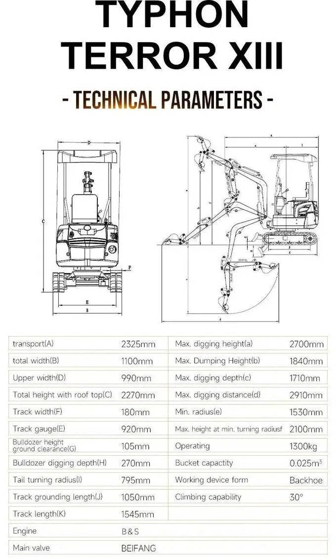 TYPHON TERROR XIII Mini Excavator – 1.3 Ton Trench Digger with Canopy, Hydraulic