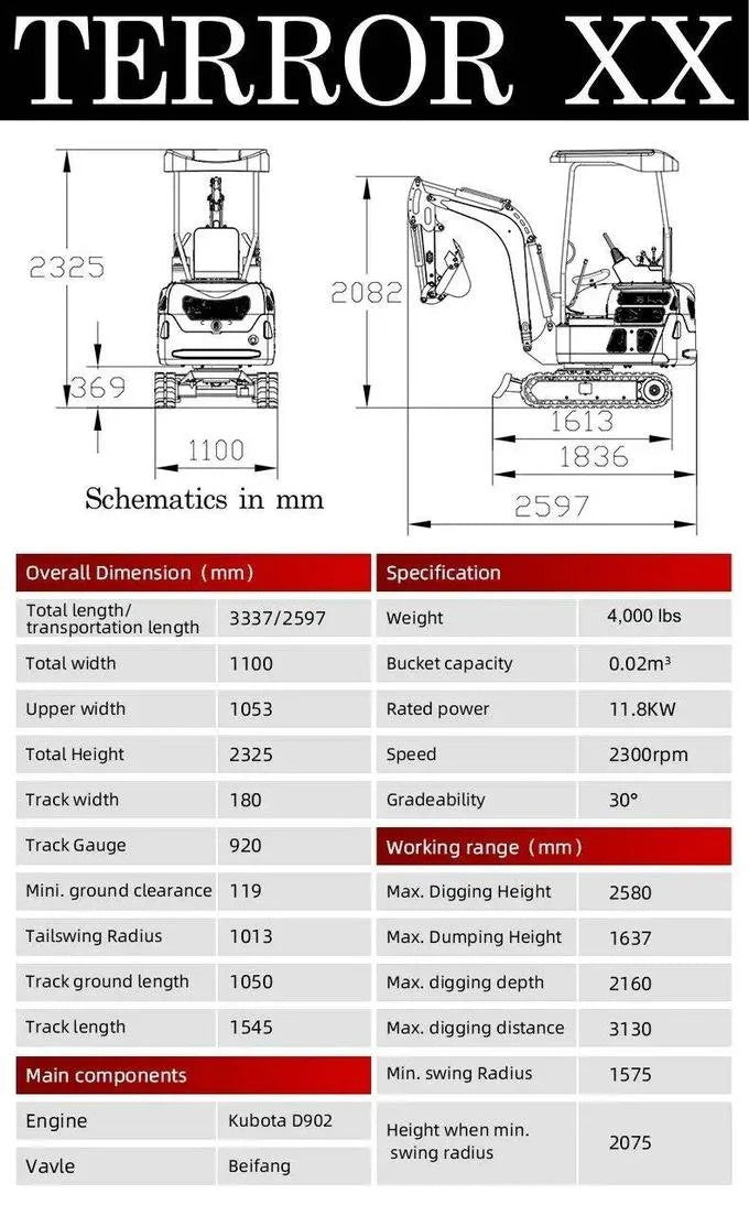 2025 4,000 lb TYPHON TERROR XX Mini Excavator Rubber Track with Kubota D902 Dies